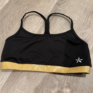 Rebel Athletic Cheer Black and Gold Sports Bra